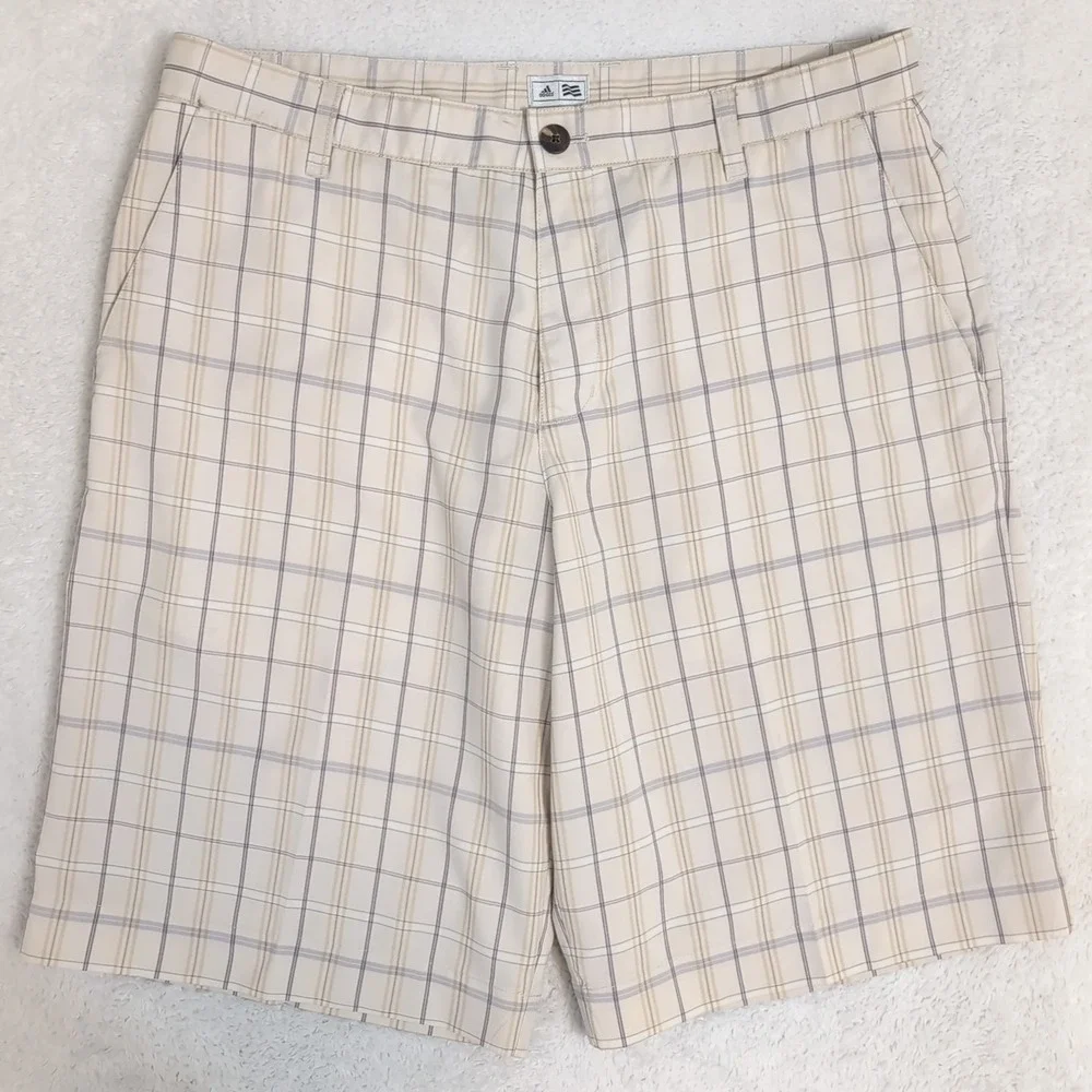 Adidas Golf Shorts Men 34 Plaid Beige Gray‎  Inseam 11